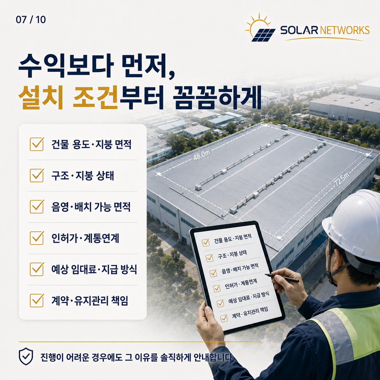 수익보다 먼저 설치 조건부터 꼼꼼하게 — 건물 용도, 지붕 상태, 인허가·계통연계